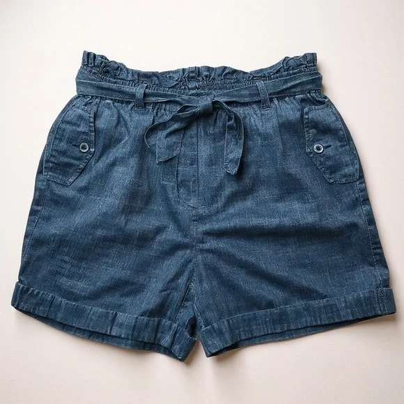 TRINA TURK Serenity High Waist Paper Bag Shorts Linen Blend Chambray Sz Large - Picture 3 of 10